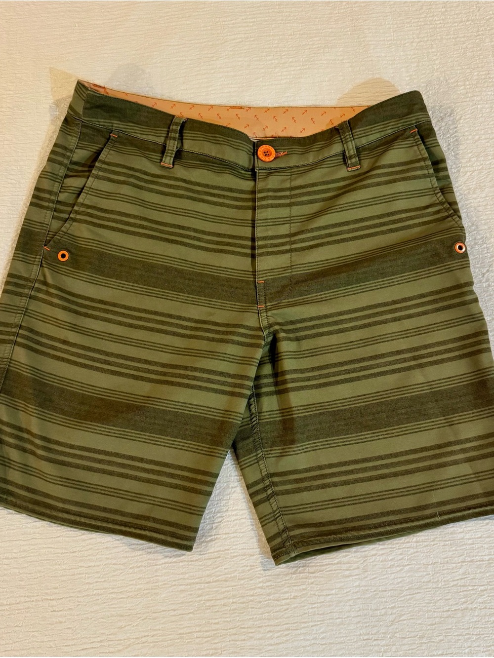 Sperry Olive Green Striped Flat-Front Hybrid Swim Shorts with Orange Accents